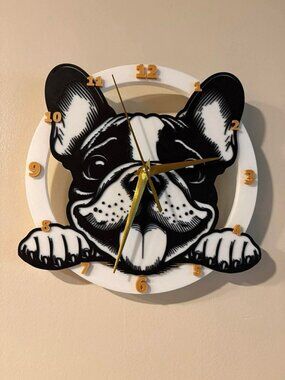 French Bulldog 10" Round 3D Printed Retro Wall Clock Black/White/Gold